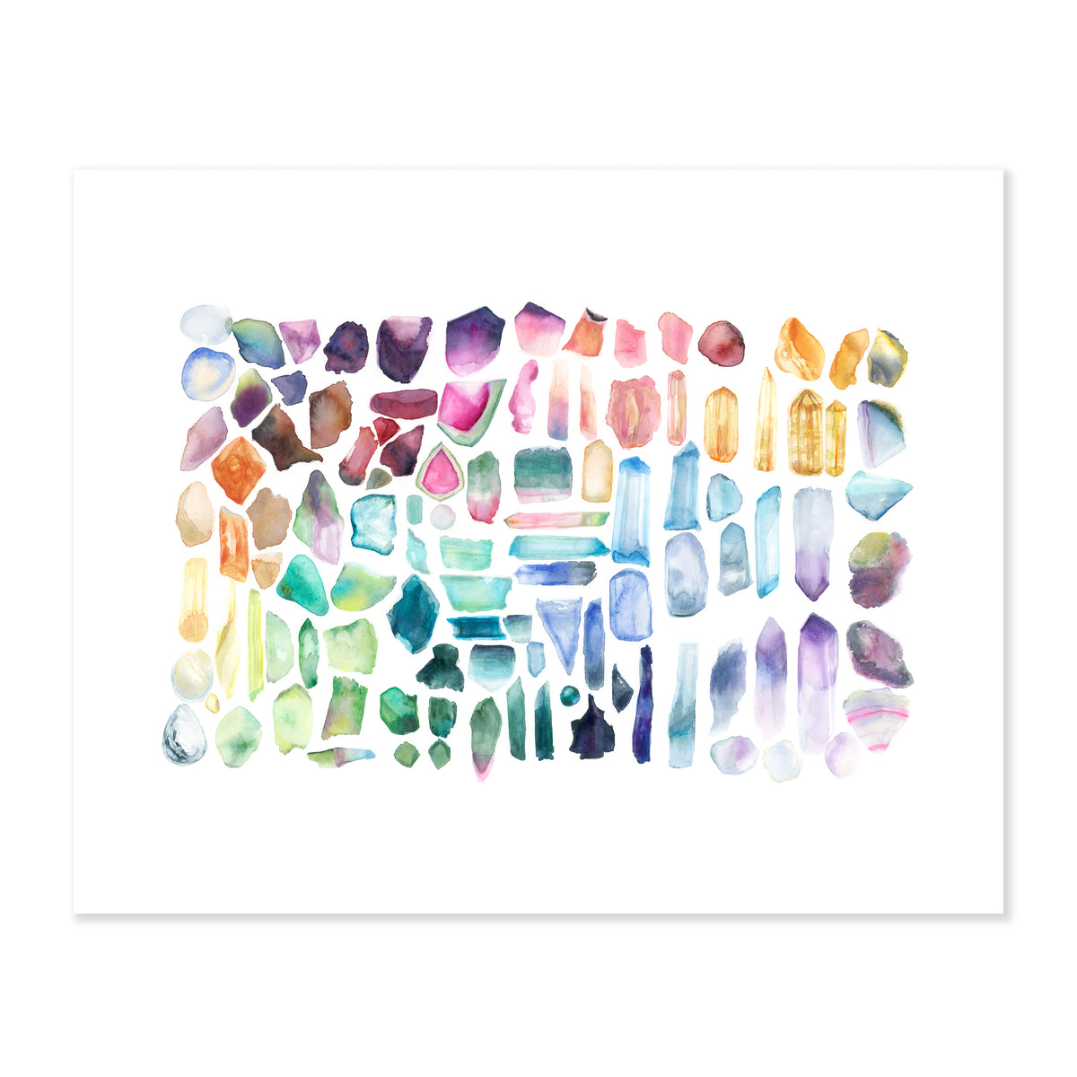 A fine art print illustrating a wide array of gemstones in various sizes and colors including purple pink blue green yellow orange and metallic drawn in watercolor on a soft white background
