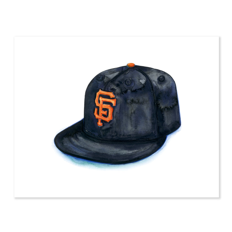 A fine art print illustrating a black snapback hat featuring orange letters SF painted with water colors on a soft white background