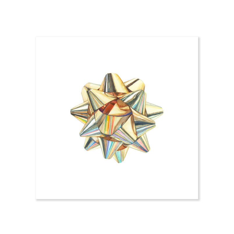 A fine art print illustrating a metallic gold star bow with iridescent reflects painted with watercolors on a soft white background