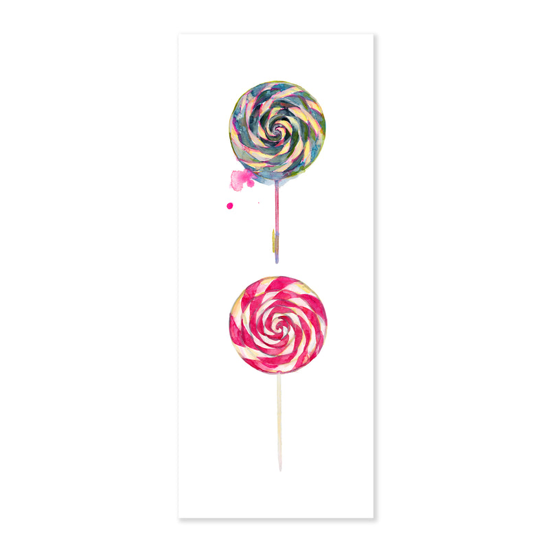 A fine art print illustrating two swirl lollipops including one green blue pop and the other red white pop painted with watercolors on a soft white background