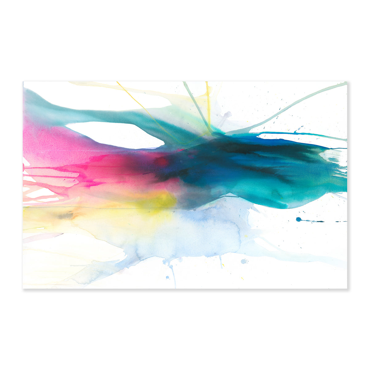 A fine art abstract painting featuring splashes on pink yellow blue and green watercolors on a soft white background