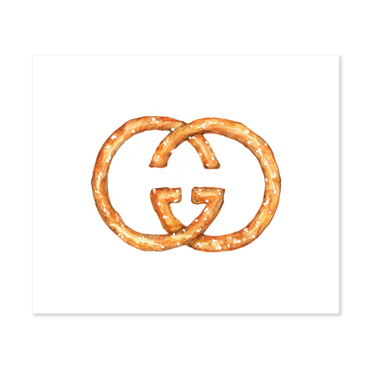 A fine art print featuring the Gucci emblem GG made of pretzel painted with watercolors on a soft white background