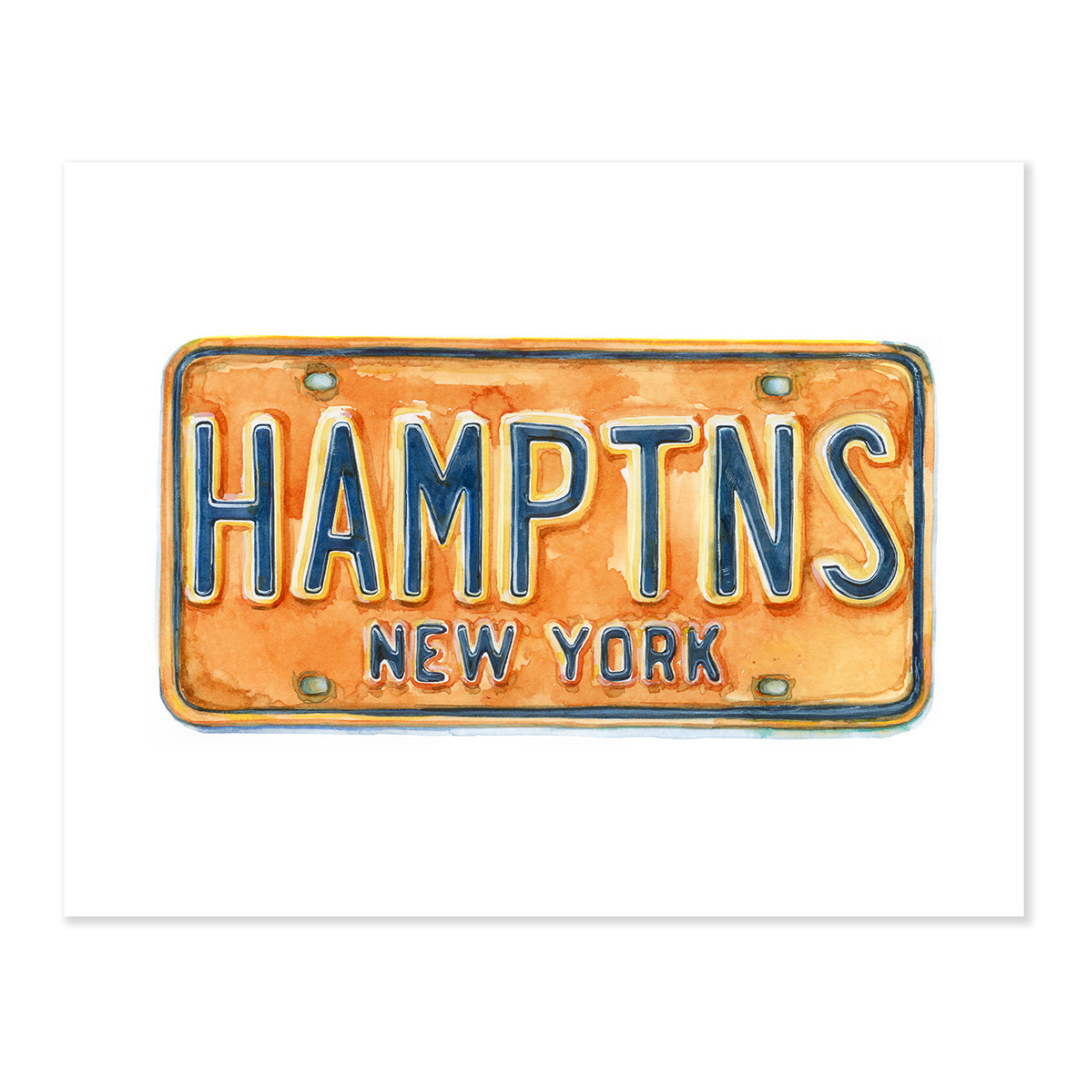 A fine art illustrating a golden yellow New York license plate thats reads Hamptns in deep blue letter painted with watercolors on a soft white background