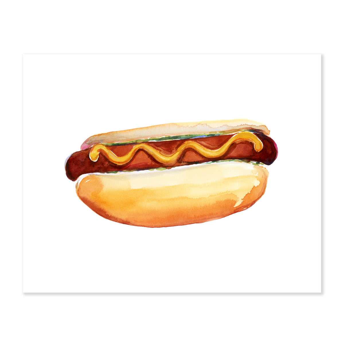A fine art print illustrating a mustard covered hot dog in a golden bun painted with watercolor on a soft white background