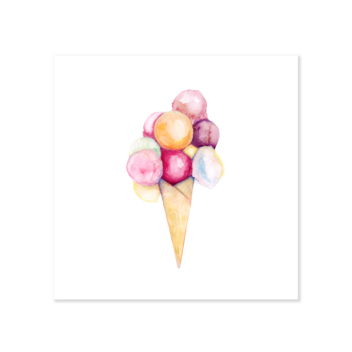  A fine art print illustrating ice cream featuring pink purple green orange and yellow scoops seated on a sugar cone painted in watercolors on a soft white background