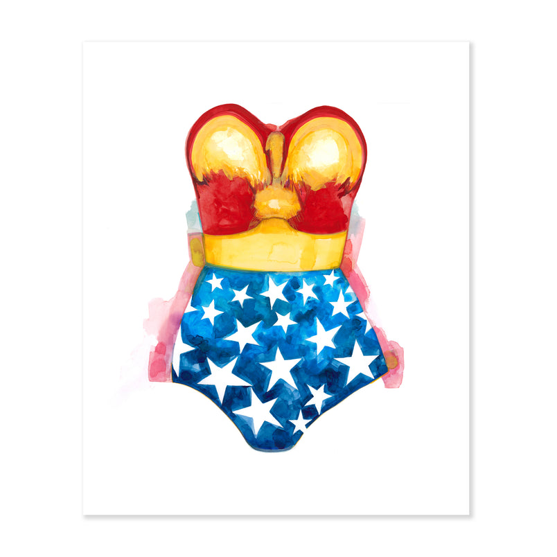 A fine art print illustrating the costume worn by the comic book character Wonder Woman featuring a red and gold breast plate and stars painted with watercolors on a soft white background
