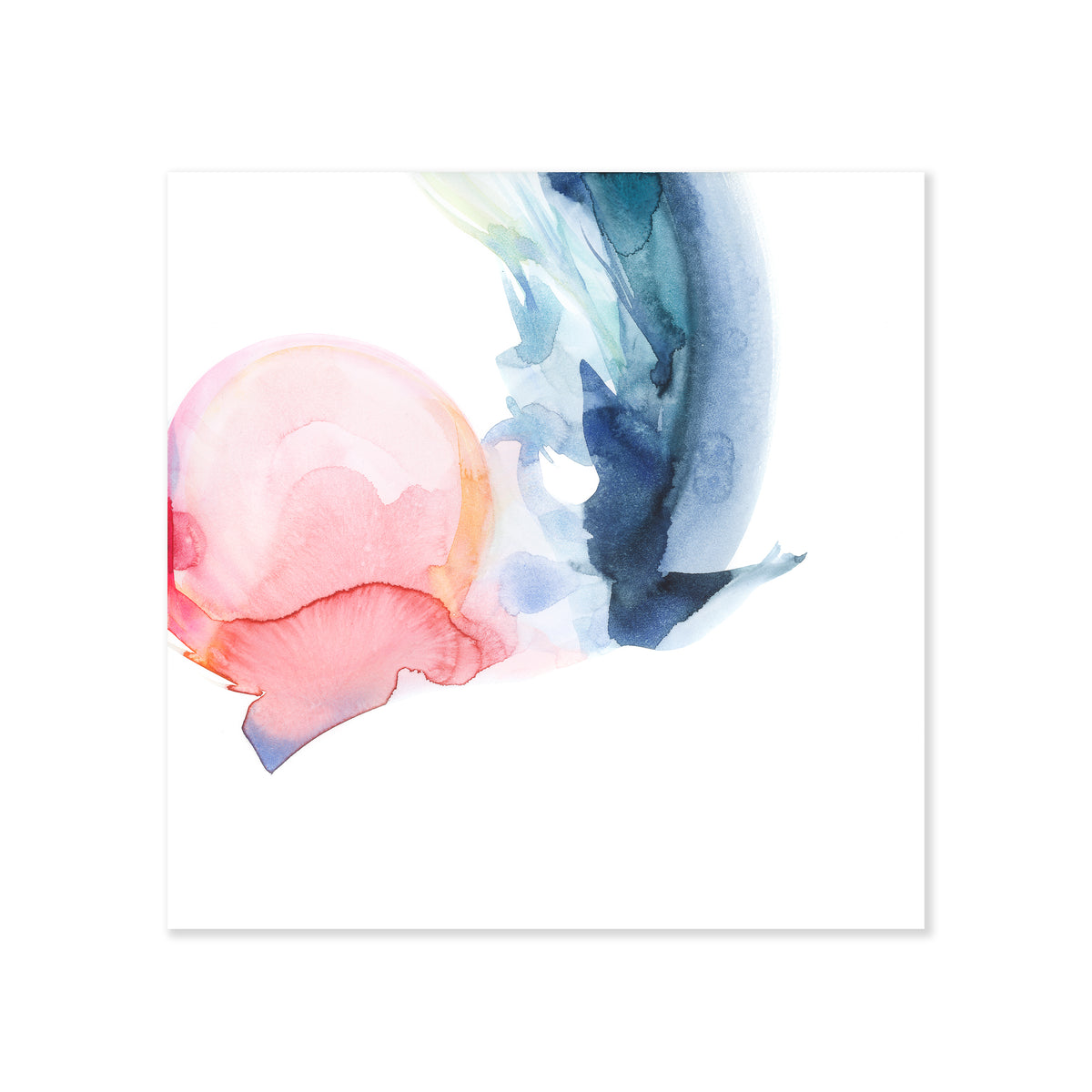 An abstract fine art print featuring pink and blue watercolors on a soft white background