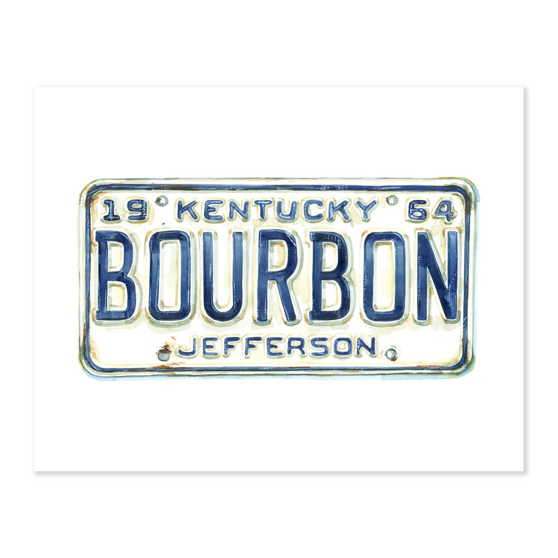 A fine art print illustrating a white Kentucky license plate that reads Bourbon in blue text painted with watercolor on a soft white background