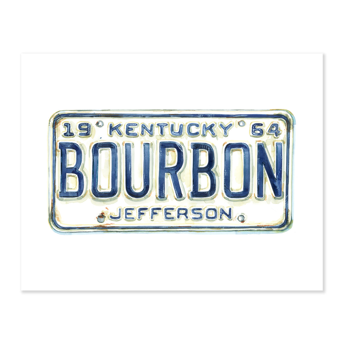 A fine art print illustrating a white Kentucky license plate that reads Bourbon in blue text painted with watercolor on a soft white background