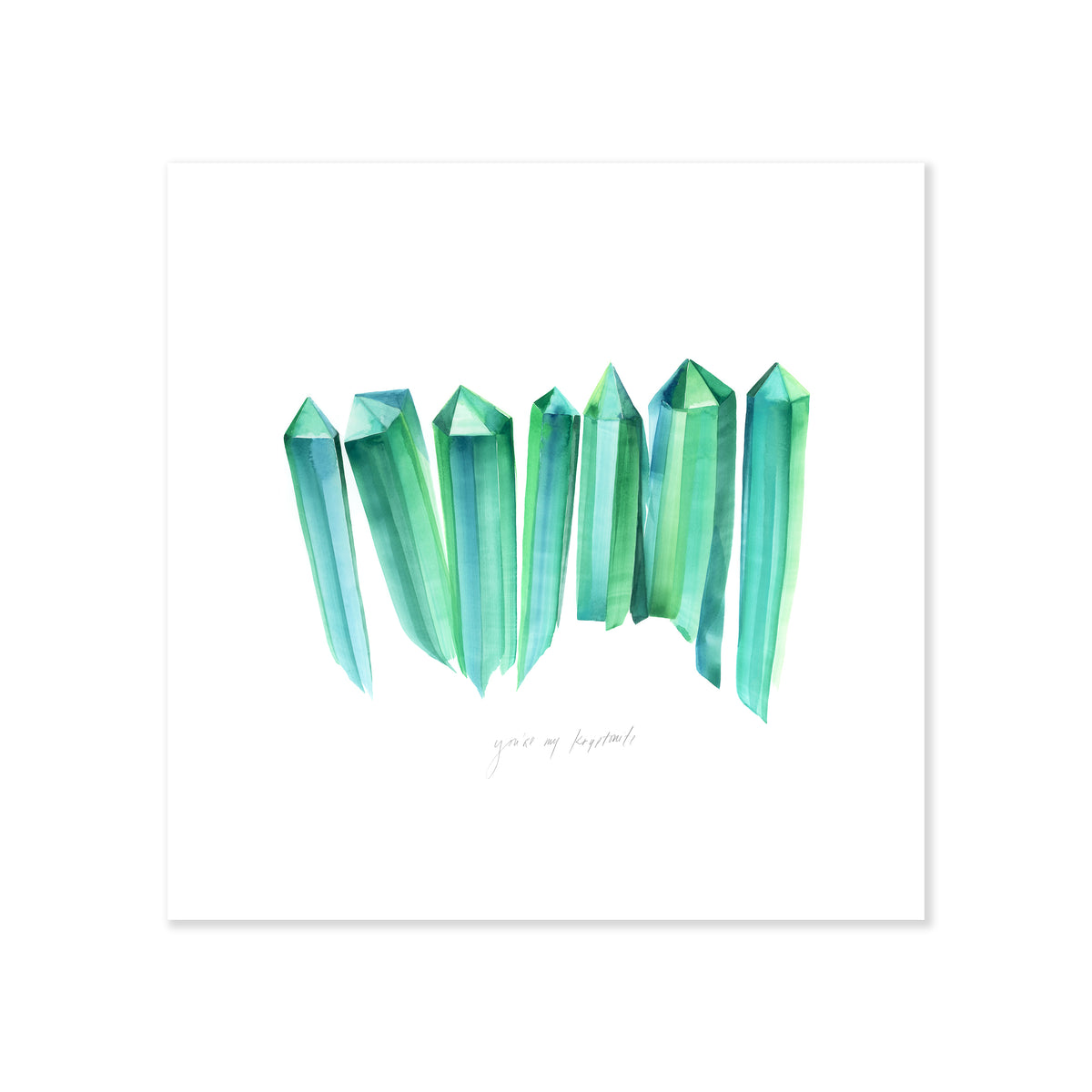 A fine art print illustrating seven emerald gemstones with a script below them that reads you're my kryptonite painted with watercolors on a soft white background