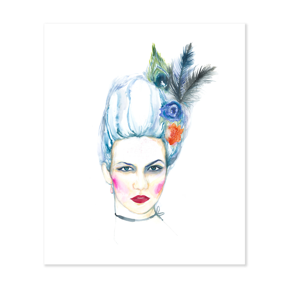 A fine art portrait of a woman in a tall updo with colorful feathers and rosettes in her hair and rouged lips and cheeks painted with watercolor on a soft white background