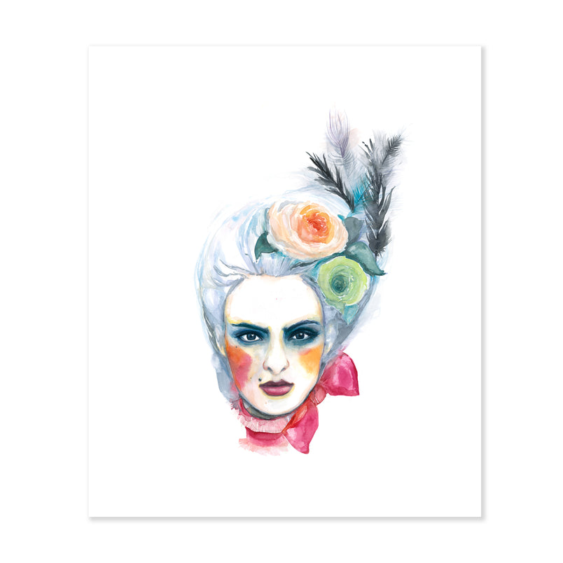 A fine art portrait of a woman in a tall updo with colorful feathers and rosettes in her hair and rouged lips and cheeks painted with watercolor on a soft white background
