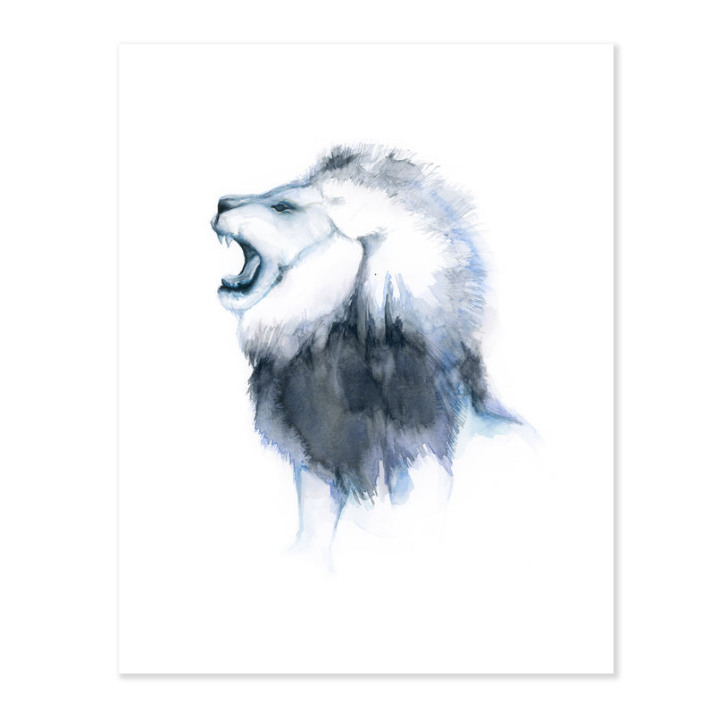 A fine art print illustrating the profile of a roaring lion with a white and black mane with hints of blue painted with watercolor on a soft white background