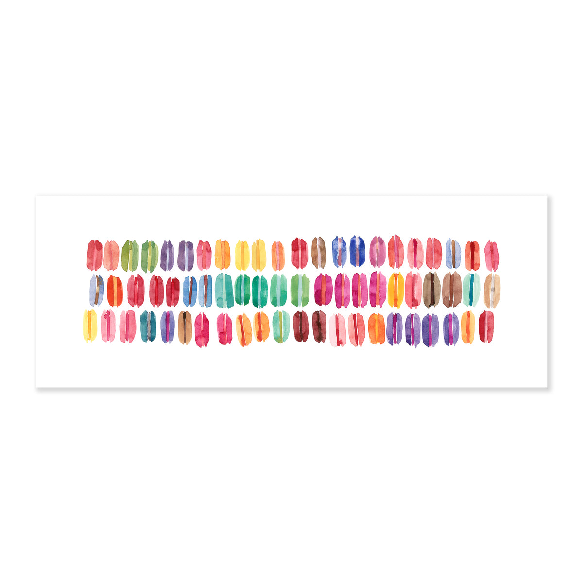 A fine art print illustrating an assortment of colorful macarons arranged in three rows of 22 including pinks greens yellows oranges purples and browns painted with watercolor on a soft white background