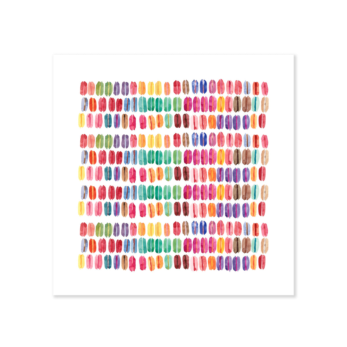 A fine art print illustrating an assortment of colorful macarons arranged in eleven rows of 22 including pinks greens yellows oranges purples and browns painted with watercolor on a soft white background