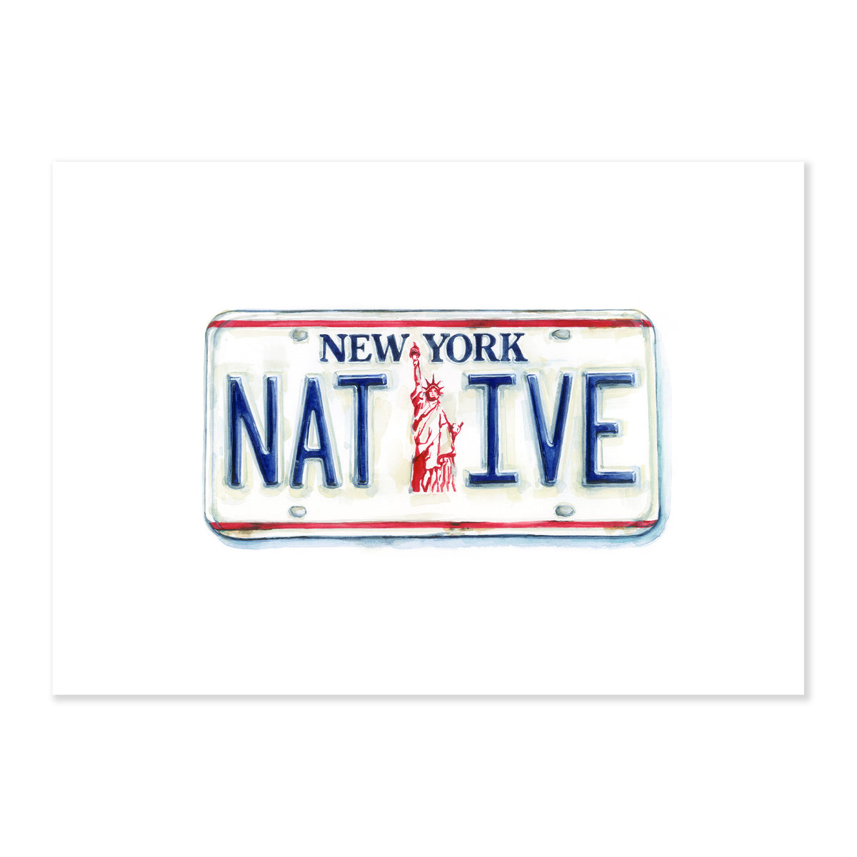 A fine art print illustrating a white New York state license plate that reads native in blue letters with a red image of the statue of liberty in its center painted with watercolors on a soft white background