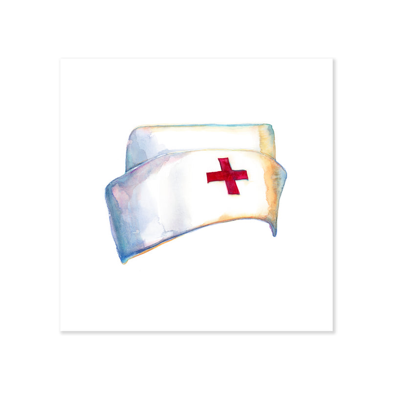 A fine art print illustrating a vintage white nurse hat with a red cross on the front painted with watercolor on a soft white background