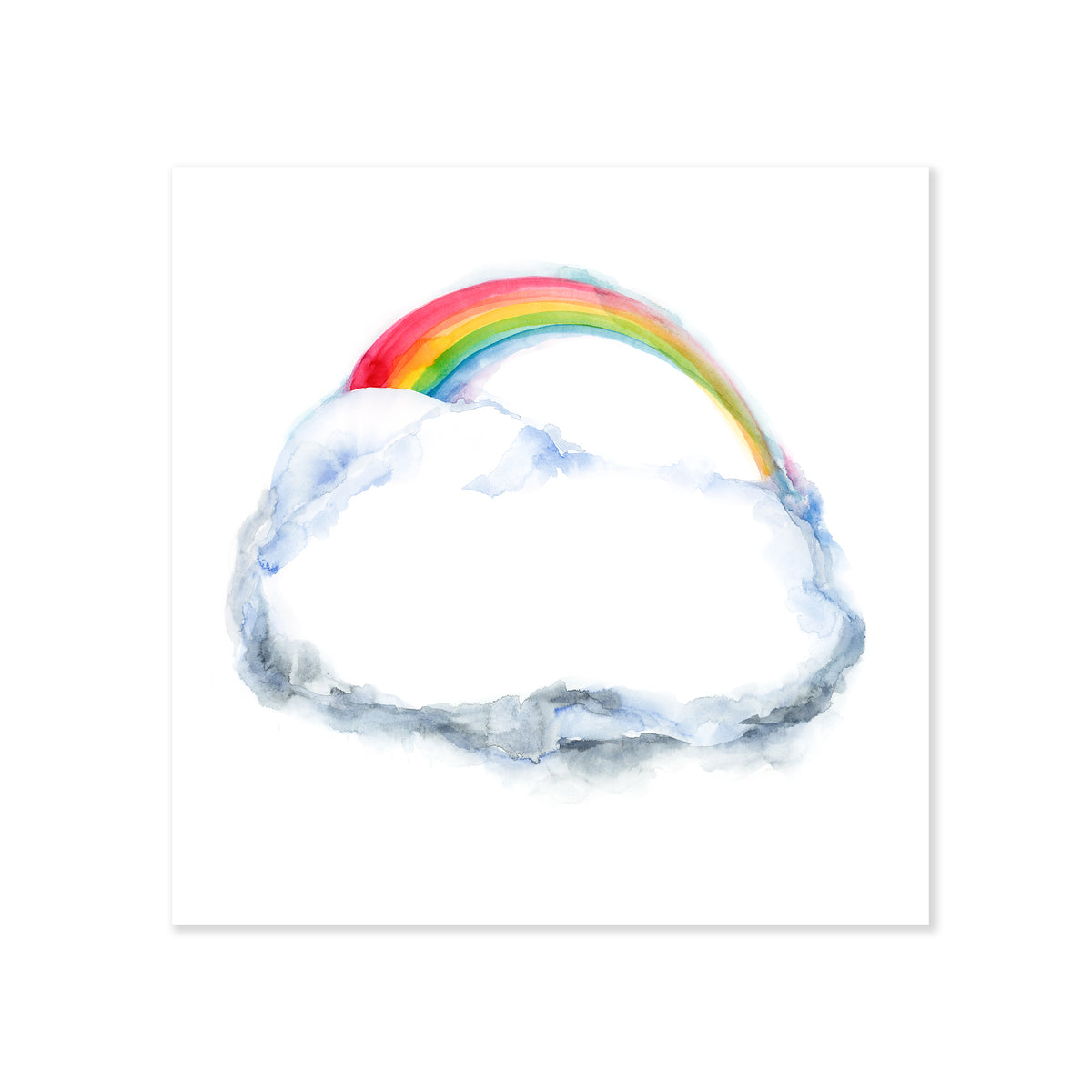 A fine art print illustrating a rainbow arch sitting on a large white cloud painted with watercolors on a soft white background
