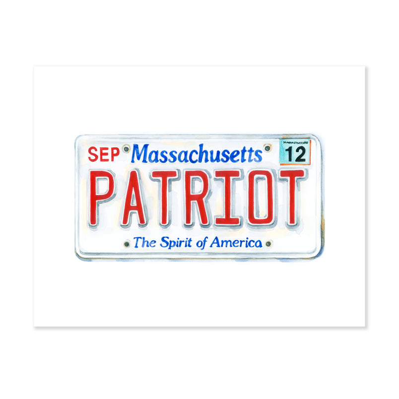 A fine art print illustrating a white Massachusetts license plate that reads patriot in red letters painted with watercolors on a soft white background