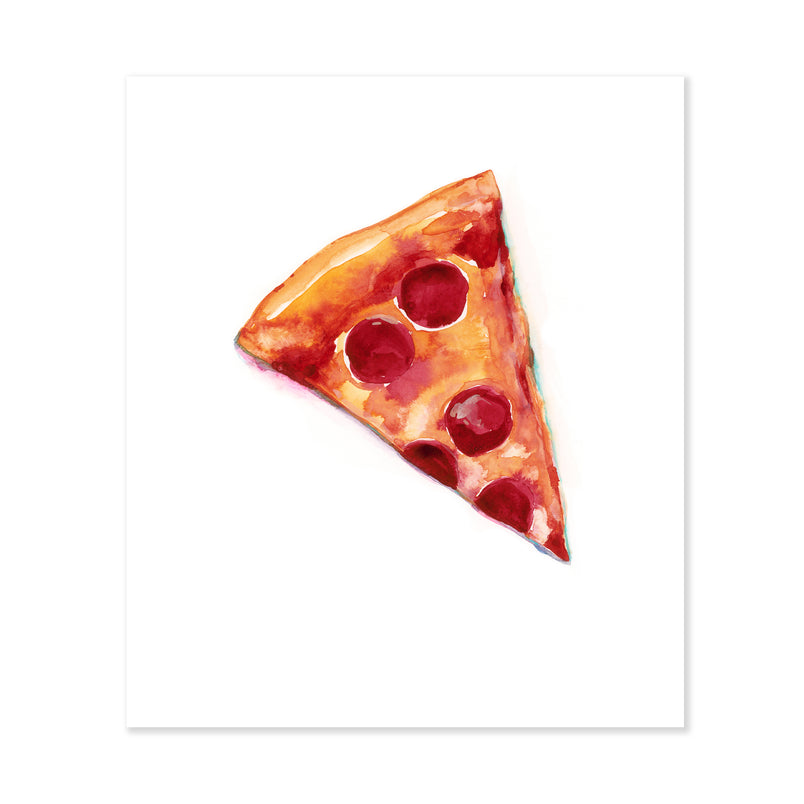 A fine art print illustrating a single slice of pepperoni pizza painted using watercolors on a soft white background
