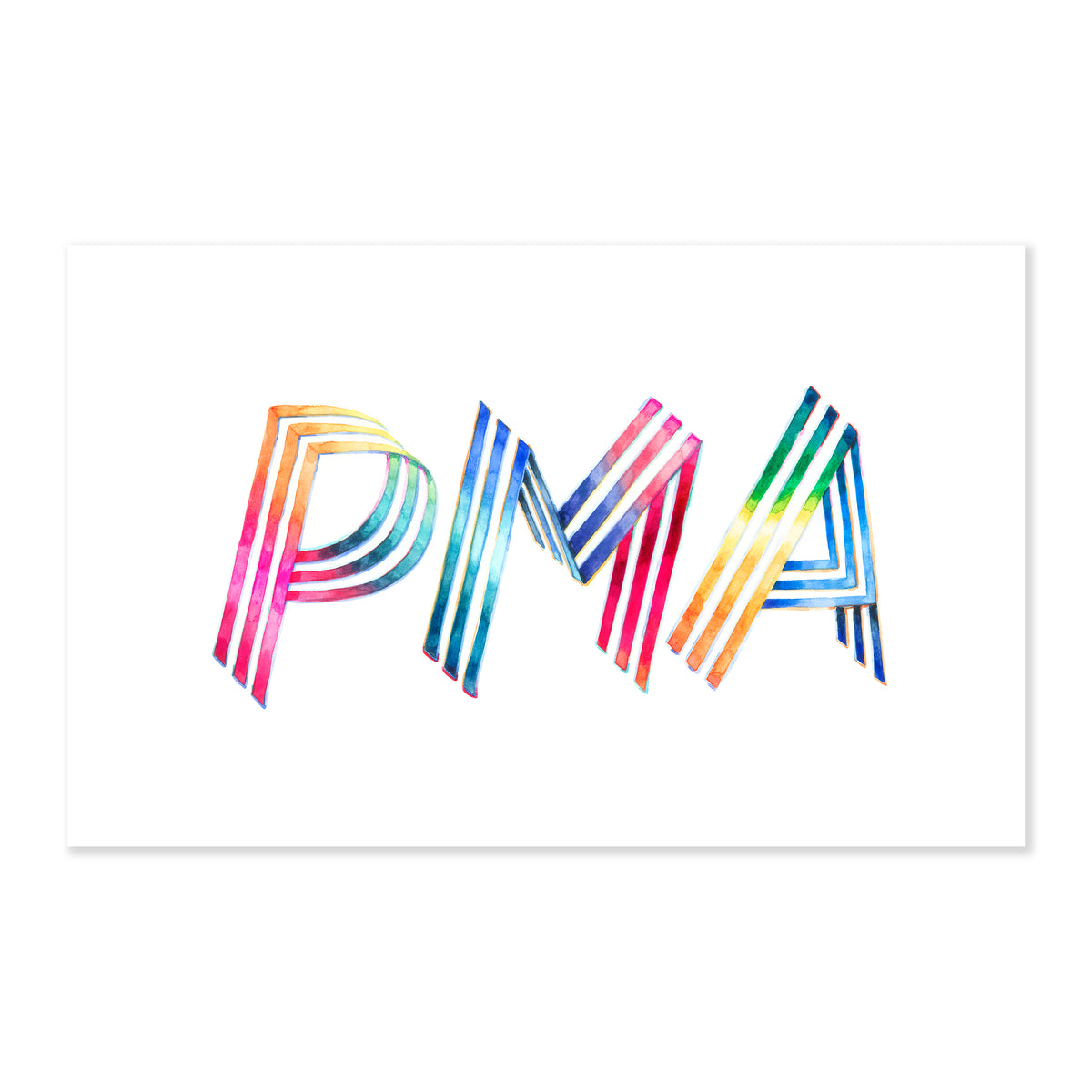 A fine art print illustrating the letters PMA in vibrant hues featuring pinks oranges yellows greens blues and reds painted using watercolors on a soft white background