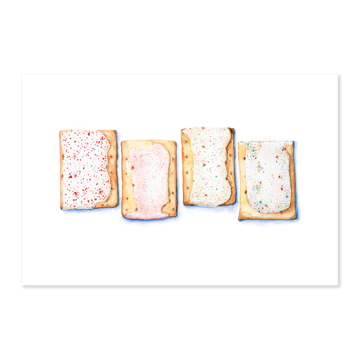 A fine art print illustrating 4 pop tarts with pink and white frosting painted using watercolors on a soft white background