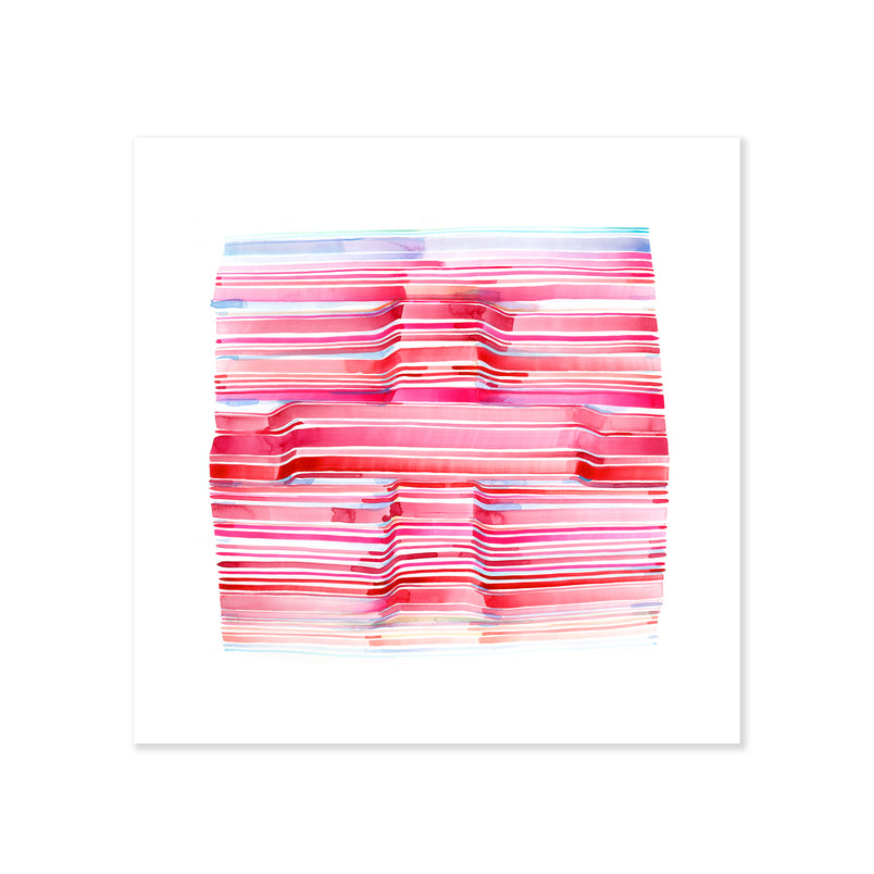 A fine art print illustrating pink and red stripes revealing the shape of a cross painted with watercolors on a soft white background