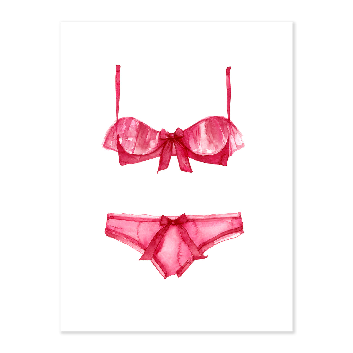 A fine art print illustrating a red lingerie set featuring bow details painted with watercolors on a soft white background
