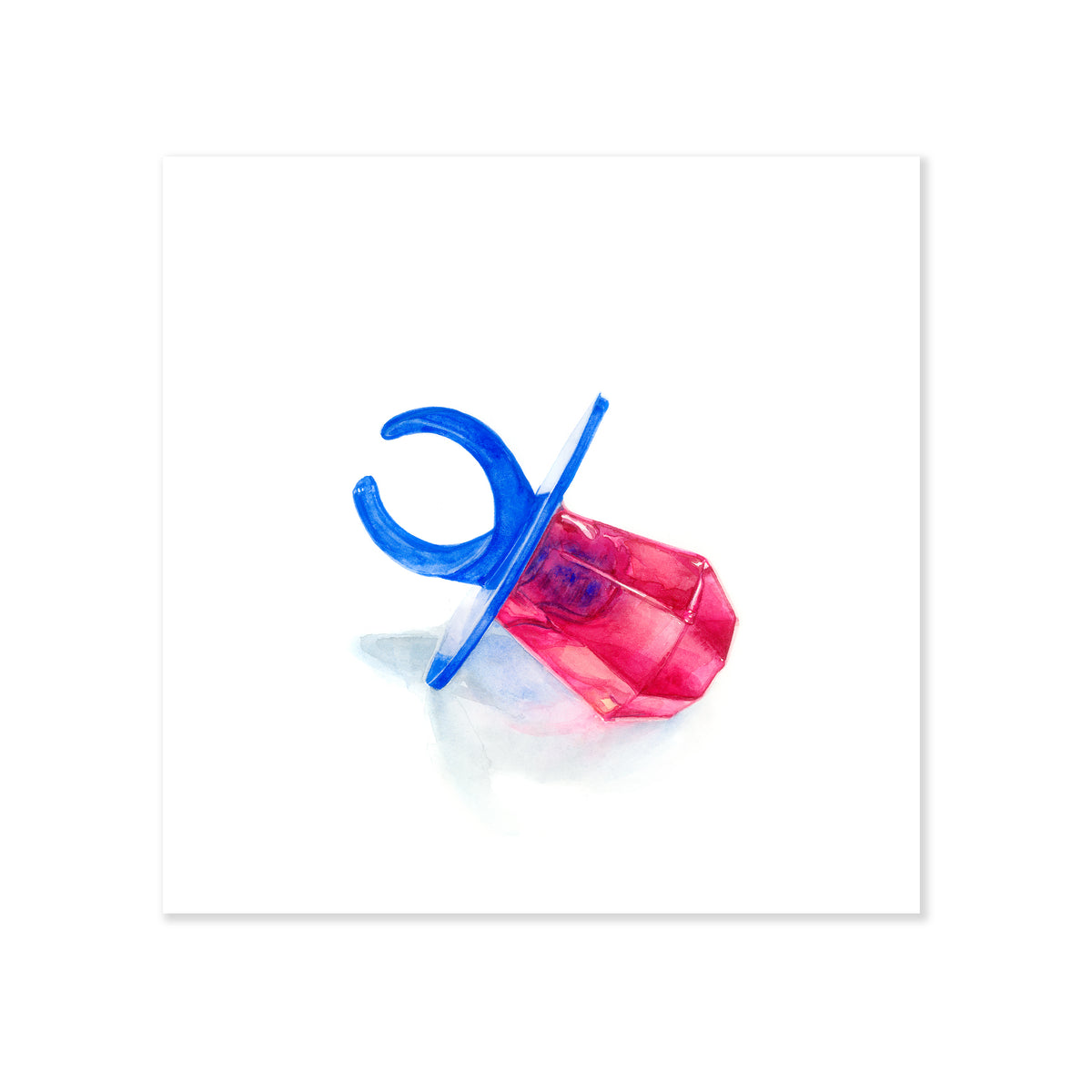 A fine art print illustrating a red ring pop candy on a blue ring painted with watercolors on a soft white background