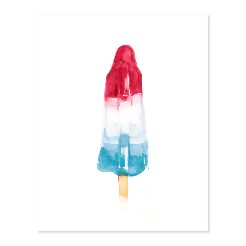 A fine art print illustrating a red white and blue rocket pop ice cream painted with watercolors on a soft white background