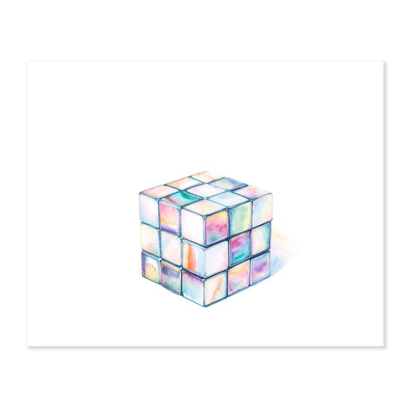 A fine art print illustrating a 3x3 iridescent rubik's cube painted with watercolors on a soft white background