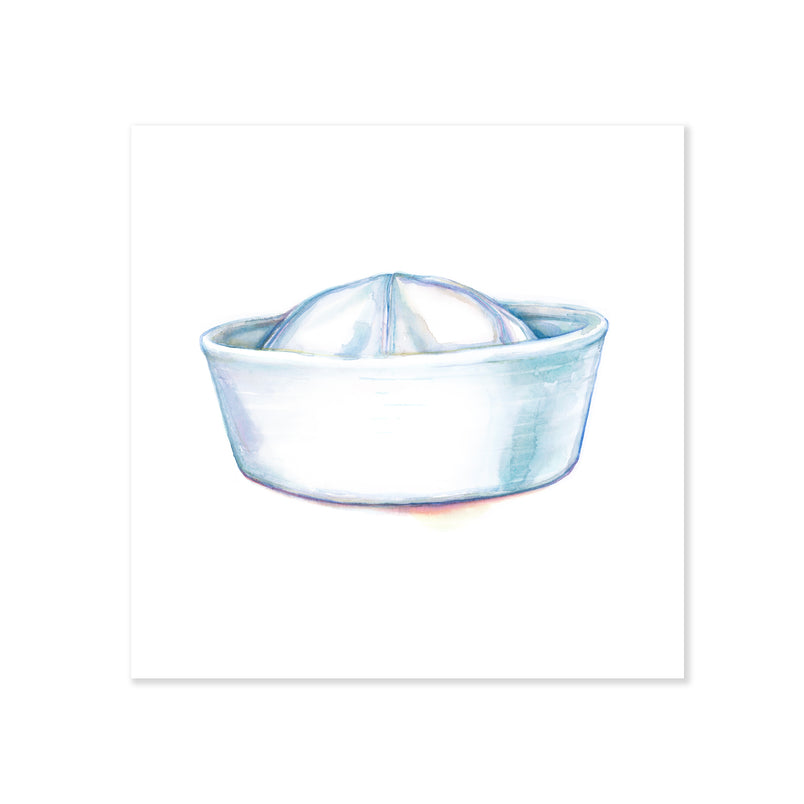 A fine art print illustrating a white vintage sailor hat painted with watercolors on a soft white background