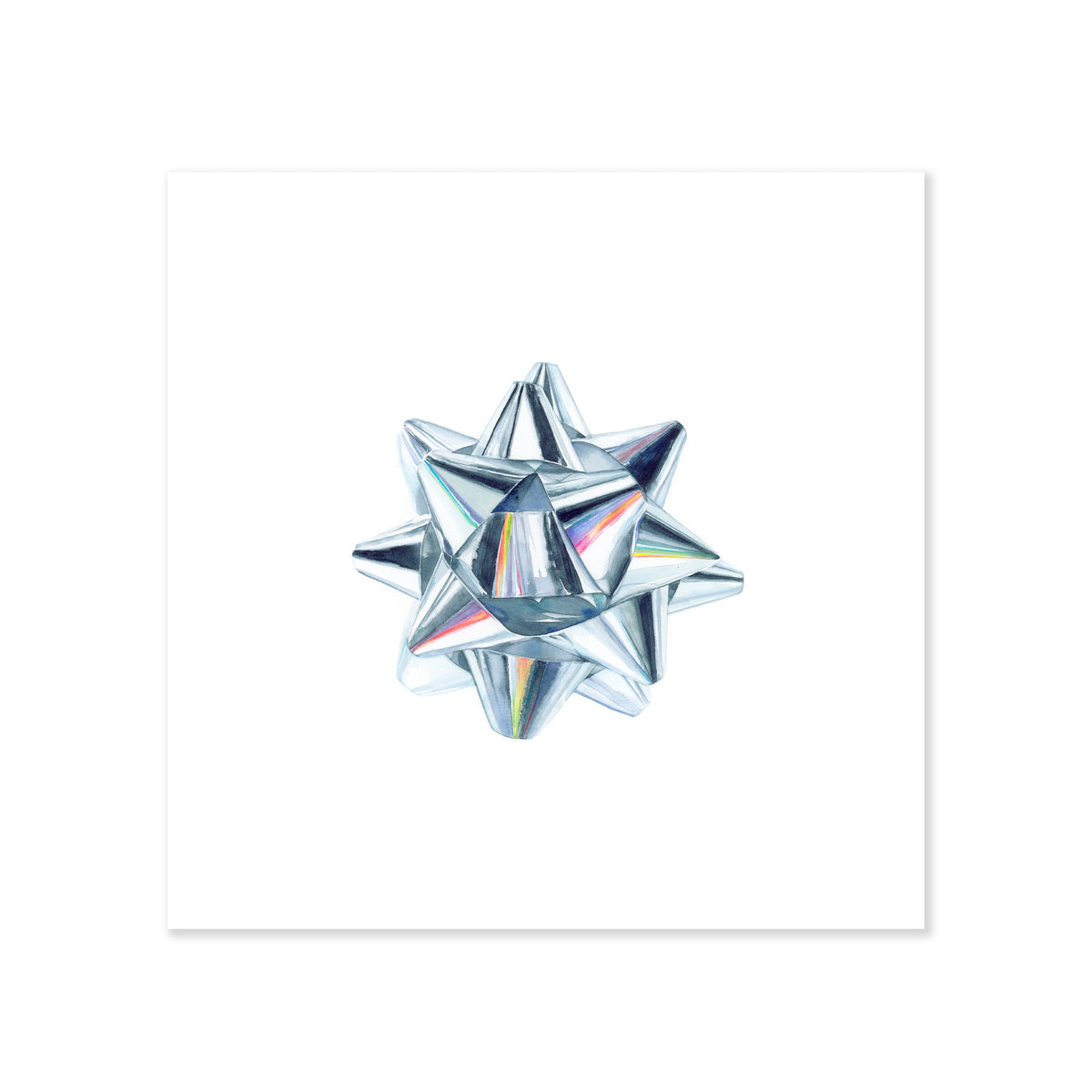 A fine art print illustrating a metallic silver star bow with iridescent reflects painted with watercolor on a soft white background