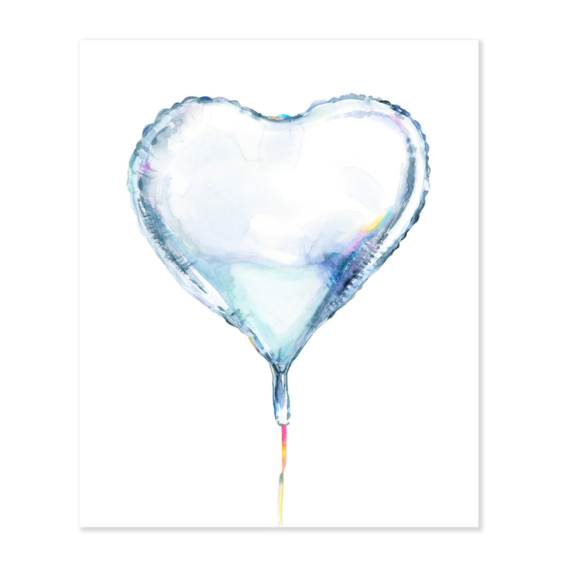A fine art print illustrating a silver heart shaped mylar balloon attached to a multicolor string painted with watercolors on a soft white background