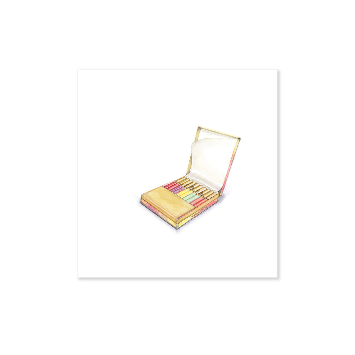 A fine art print illustrating a pack of Sobranie cocktail cigarettes in an assortment of colors in a golden case painted with watercolors on a soft white background