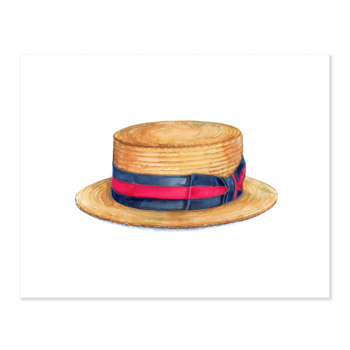 A fine art print illustrating a straw boater hat featuring a navy and red striped ribbon painted with watercolors on a soft white background