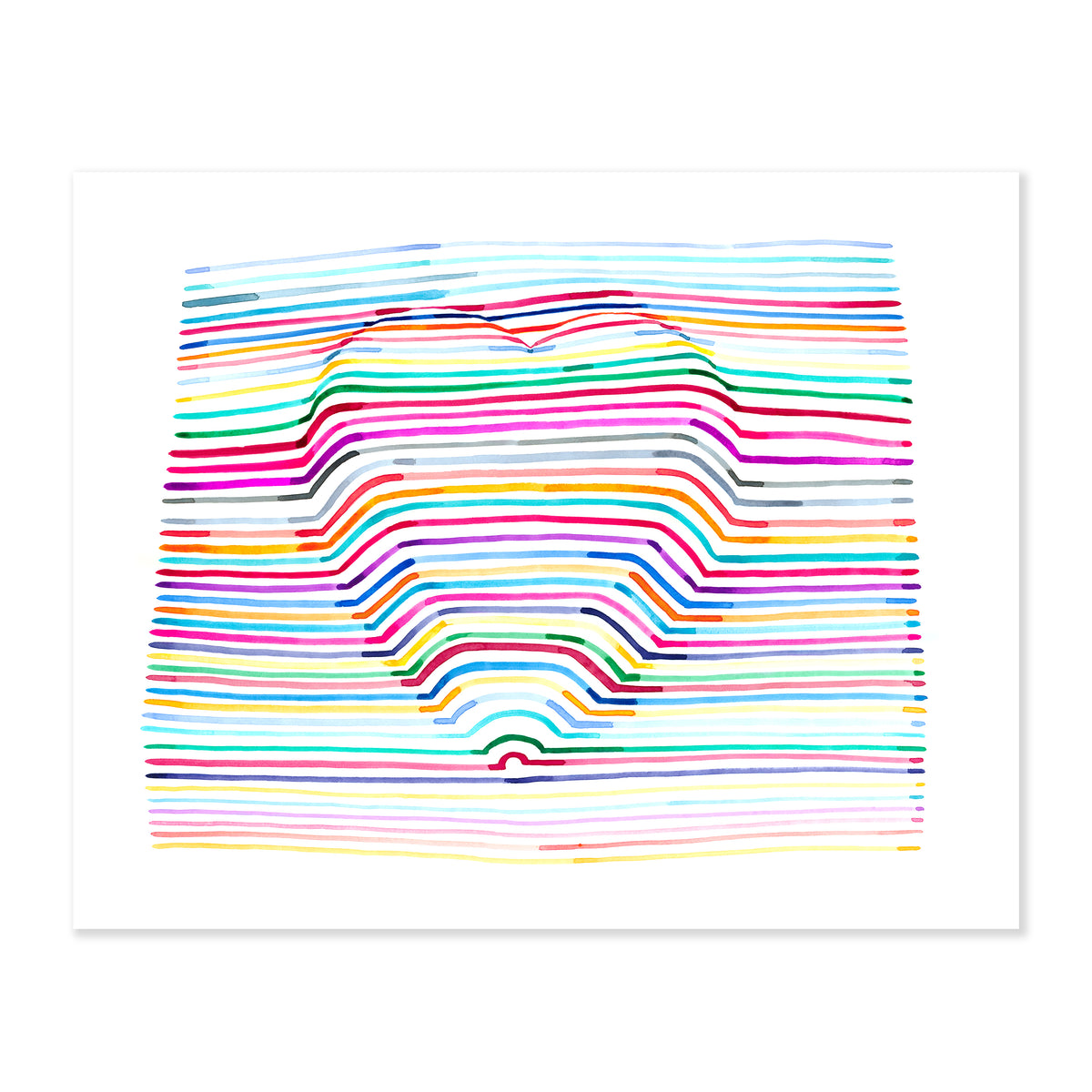 A fine art print illustrating stripes of various colors revealing the shape of a heart painted with watercolors on a soft white background
