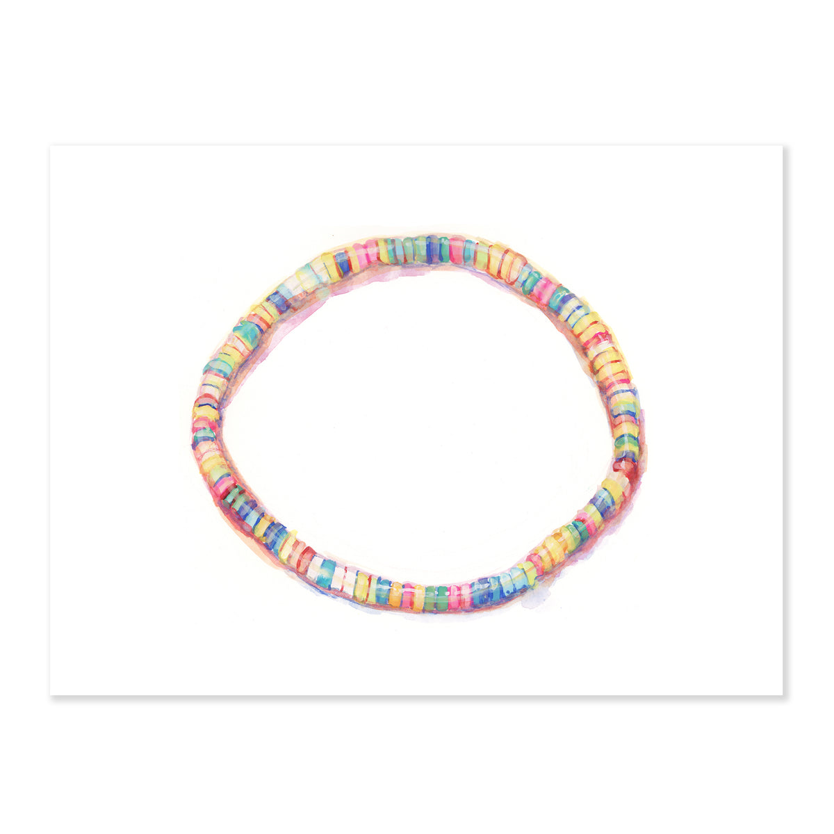 A fine art print illustrating a necklace made of sweet tarts candies of various colors painted with watercolors on a soft white background