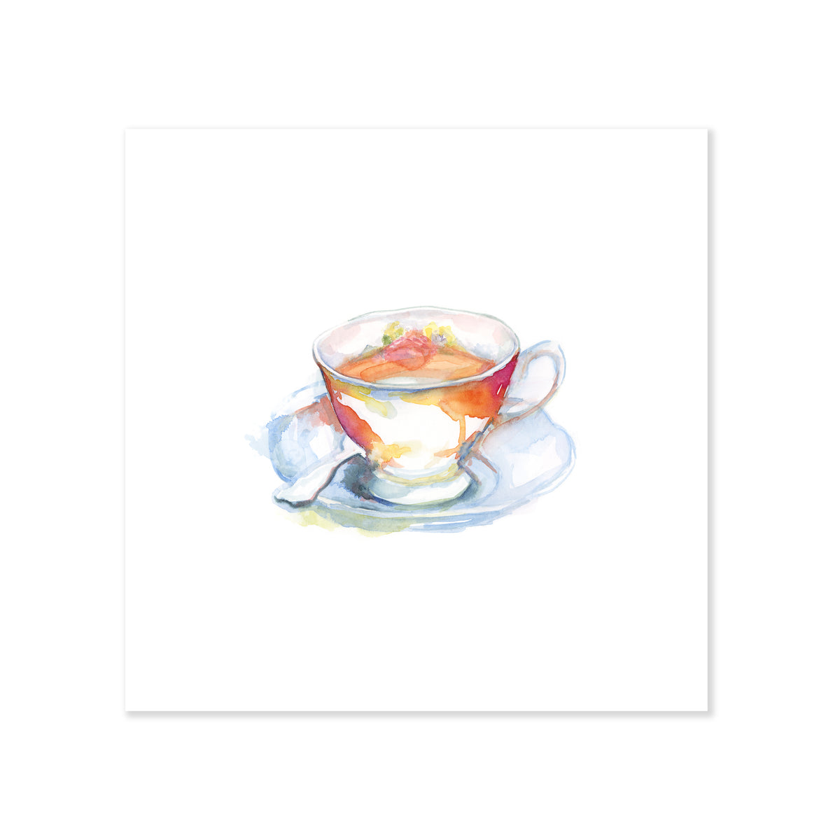 A fine art print illustrating a cup of tea on a saucer plate with a spoon painted with watercolors on a soft white background