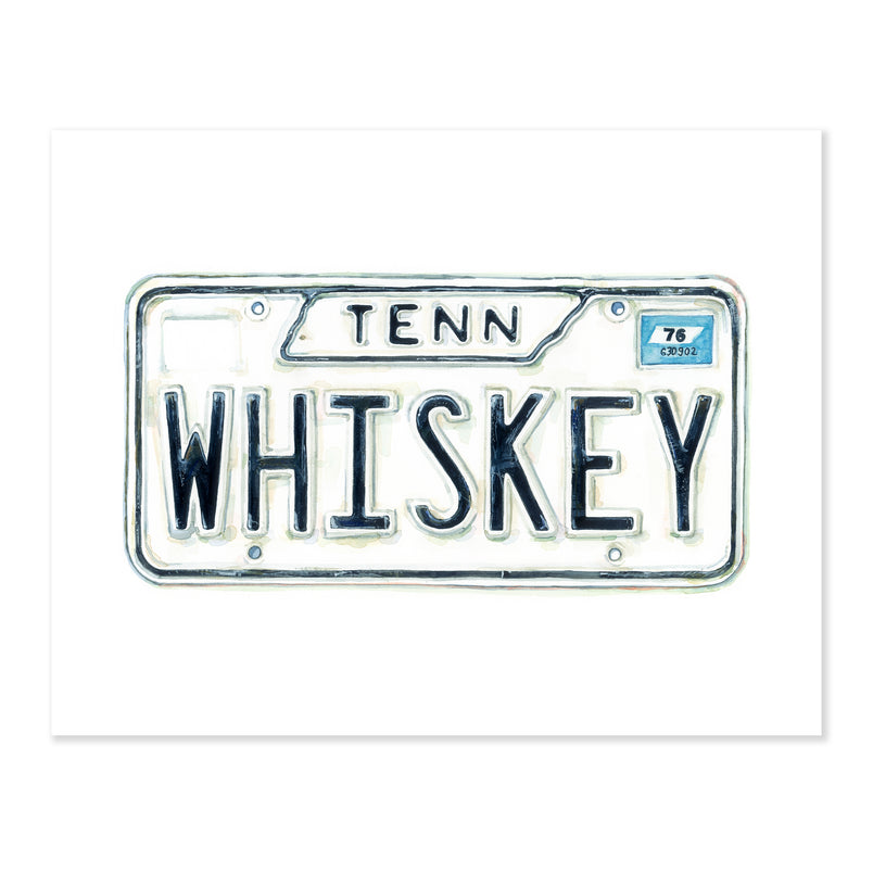 A fine art print illustrating a white Tennessee license plate that reads whiskey in black letters painted with watercolors on a soft white background