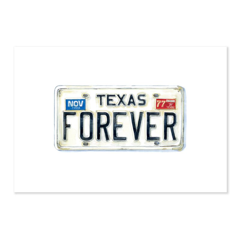 A fine art print illustrating a white Texas license plate that reads forever in black text painted with watercolors on a soft white background