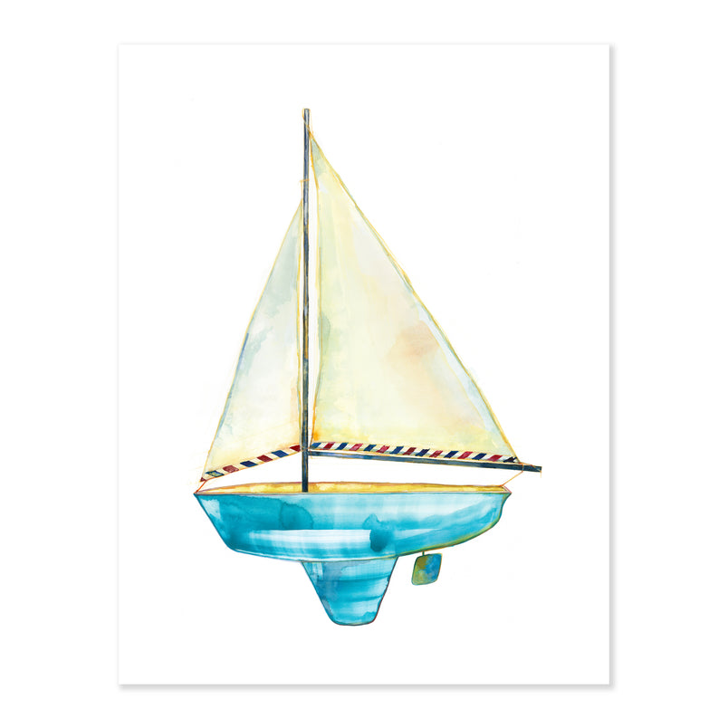 A fine art print illustrating a sail boat featuring white sails and a blue hull painted with watercolors on a soft white background