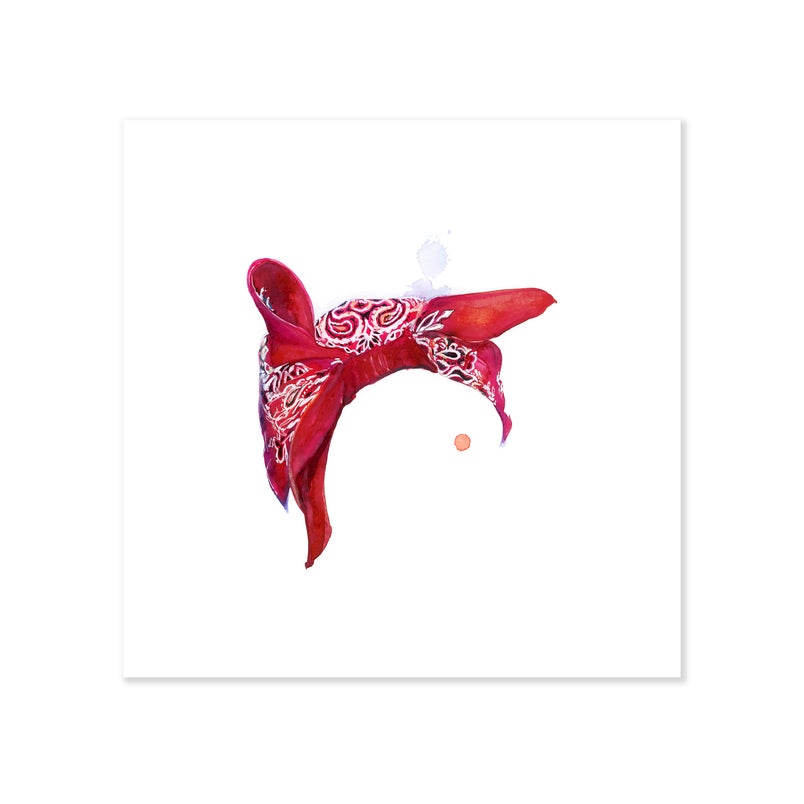 A fine art print illustrating a red bandana inspired by Tupac painted with watercolors on a soft white background