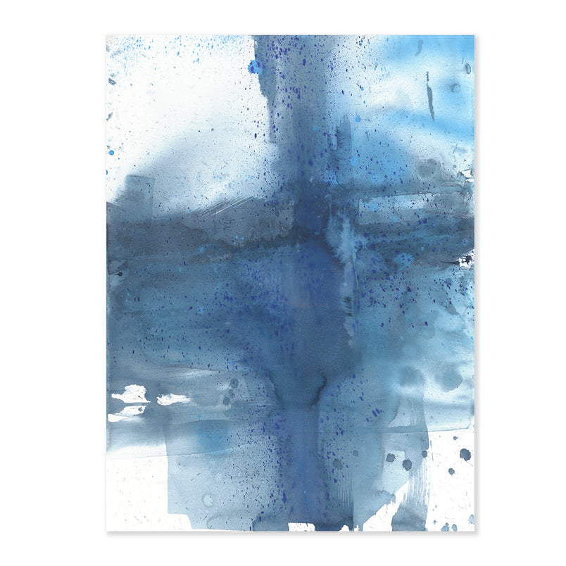 An original abstract painting featuring blue brush strokes painted with watercolor on a soft white background.