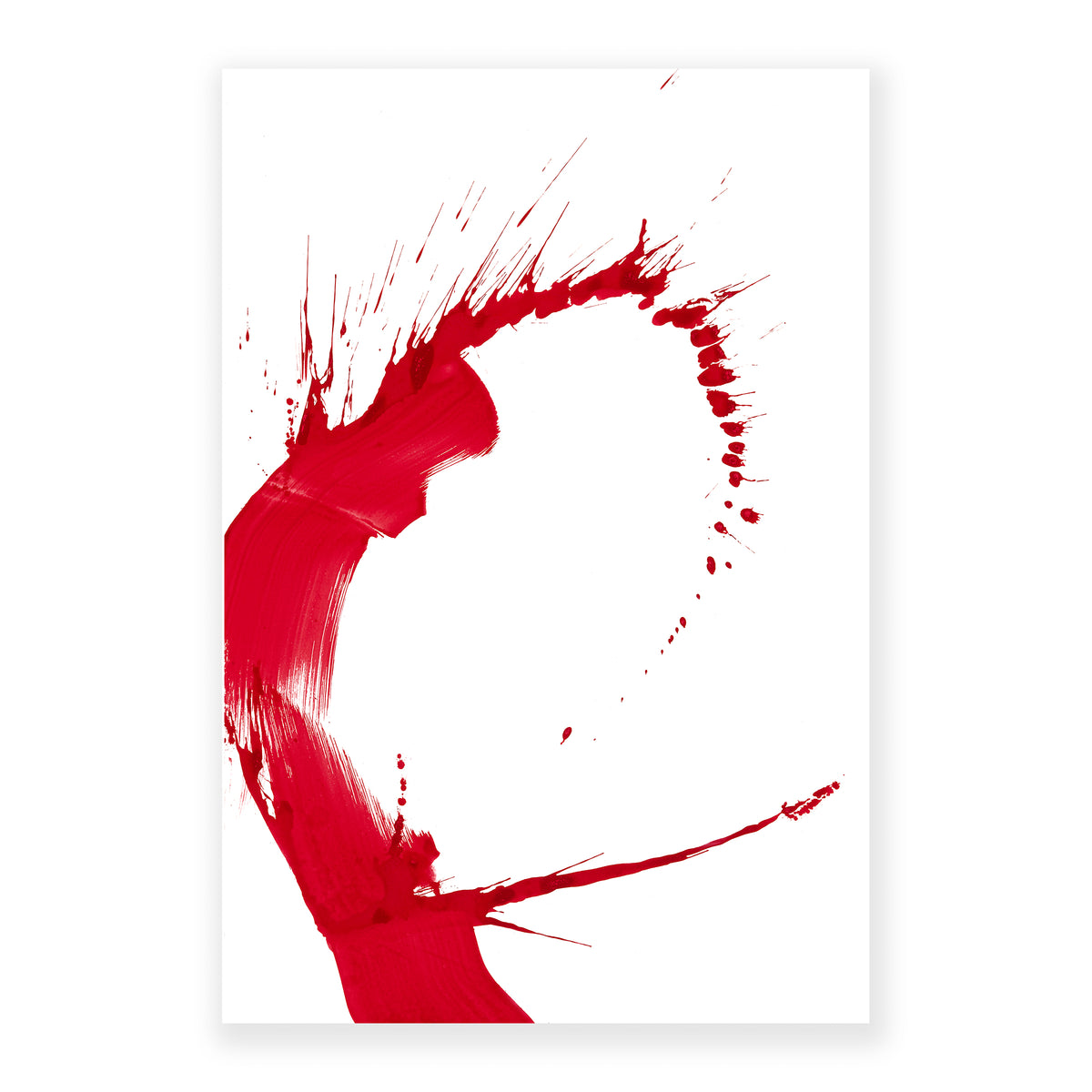 An original abstract painting illustrating brush strokes and splatter featuring red hues painted with watercolor on a soft white background