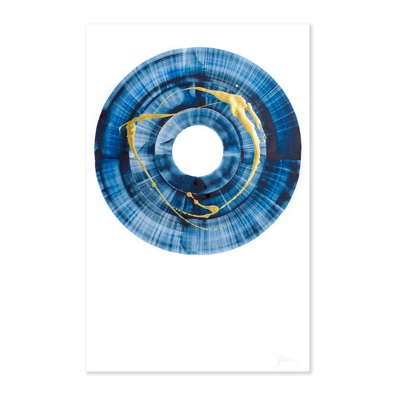 An original abstract painting illustrating a blue circle with gold detail painted with watercolor on a soft white background