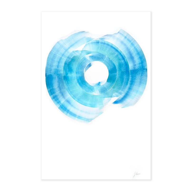 An original abstract painting illustrating a circle in blue hues painted with watercolor on a soft white background