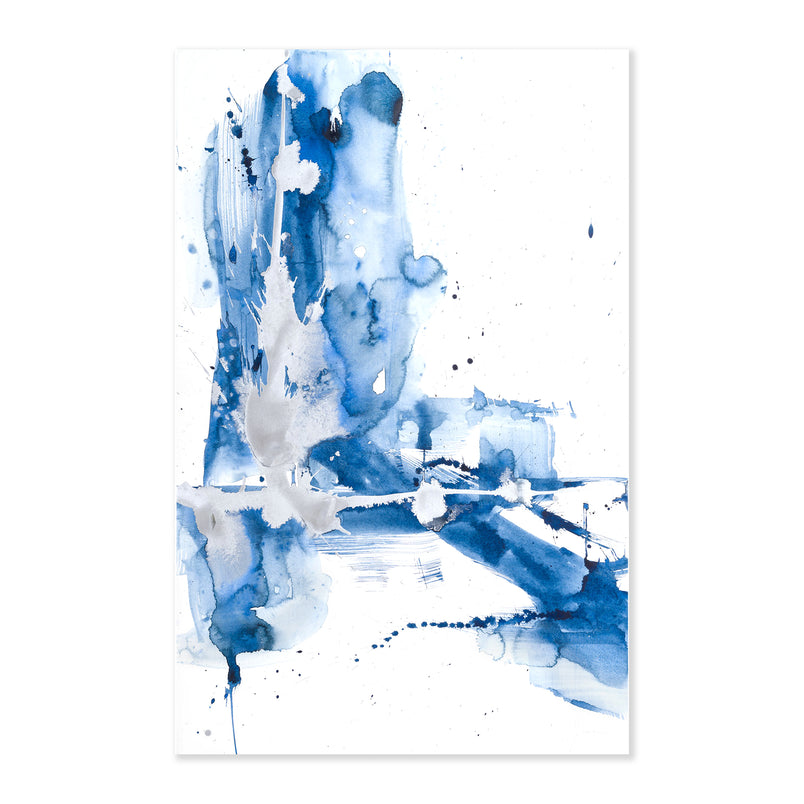 An original abstract painting illustrating blue brush strokes and splatter and silver detail painted with watercolor on a soft white background