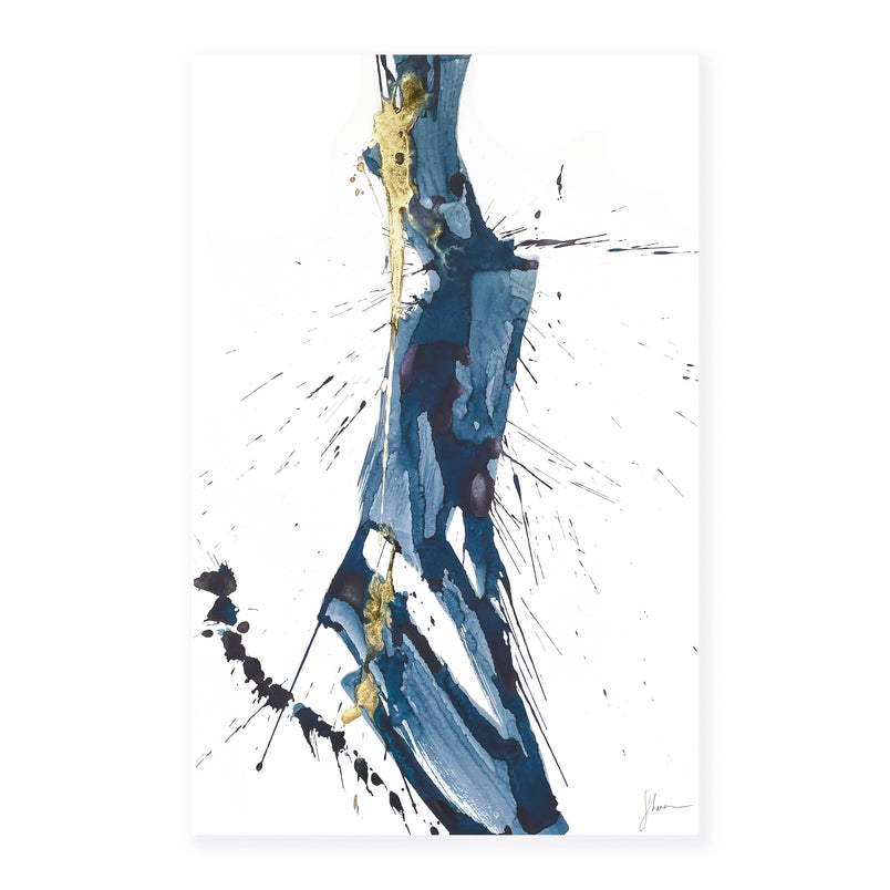An original abstract painting illustrating blue brush strokes and splatter and gold detail painted with watercolor on a soft white background