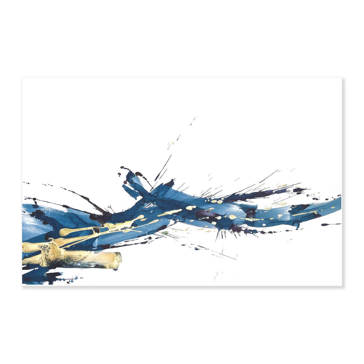 An original abstract painting illustrating brush strokes and splatter featuring gold detail painted with watercolor on a soft white background